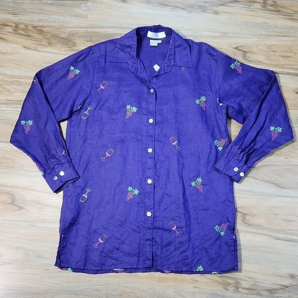 🔹️Casey Coleman Purple w/Embroider Grapes & Wine Glasses Linen Top Medium